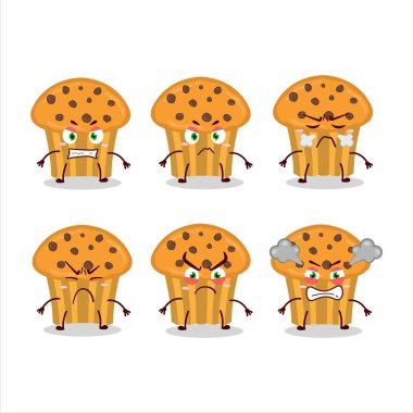 Çikolotalı kek çizgi film karakteri ve değişik kızgın ifadeler. Vektör illüstrasyonu