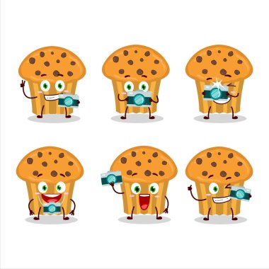 Fotoğrafçılık mesleği simgesi ve çikolatalı kek çizgi film karakteri. Vektör illüstrasyonu