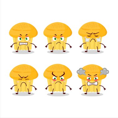 Çeşitli kızgın ifadeleri olan peynirli kek çizgi film karakteri. Vektör illüstrasyonu