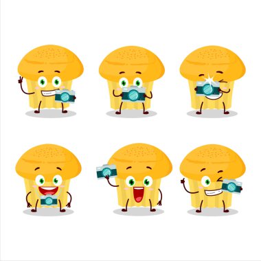 Peynirli kek çizgi film karakteri ile fotoğrafçılık mesleği simgesi. Vektör illüstrasyonu