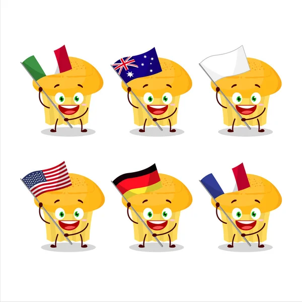 Fromage Muffin Personnage Bande Dessinée Apporter Les Drapeaux Divers Pays — Image vectorielle