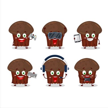 Çikolatalı kek çizgi film karakteri çeşitli şirin emoticonlarla oyunlar oynuyor. Vektör illüstrasyonu