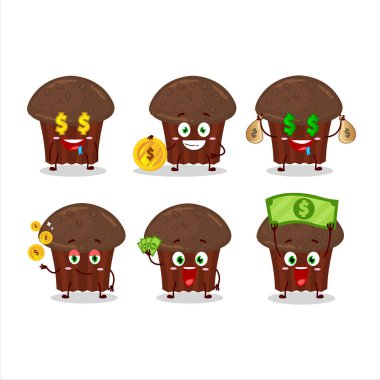 Çikolatalı kek çizgi film karakteri, şirin bir ifade ile para getiriyor. Vektör illüstrasyonu