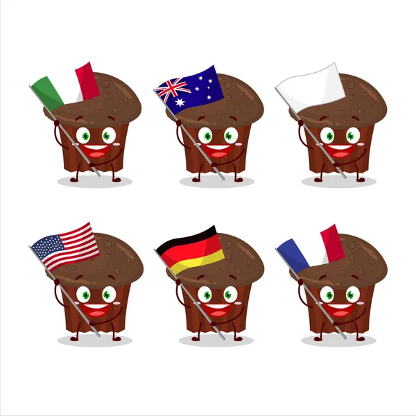 Chocolat Personnage Muffin Dessin Animé Apporter Les Drapeaux Divers Pays — Image vectorielle