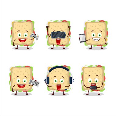 Sandviç çizgi film karakteri çeşitli şirin ifadelerle oyunlar oynuyor. Vektör illüstrasyonu