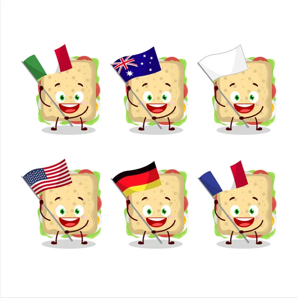 Sandwich Zeichentrickfiguren Bringen Die Flaggen Verschiedener Länder Mit Vektorillustration — Stockvektor