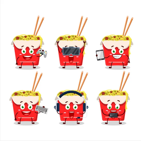 Noodles Boîte Personnage Dessin Animé Jouent Des Jeux Avec Divers — Image vectorielle