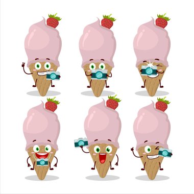 Çilekli dondurma karakteri ile fotoğrafçılık mesleği simgesi. Vektör illüstrasyonu