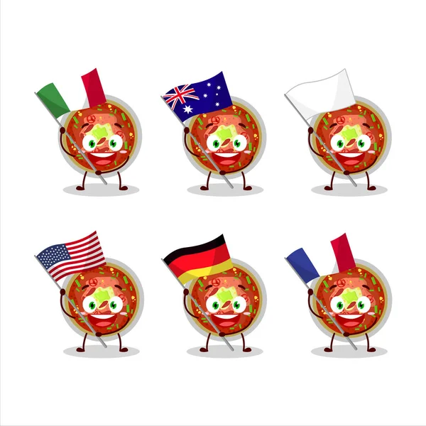 Schüssel Mit Chili Cartoon Figur Bringen Die Flaggen Der Verschiedenen — Stockvektor