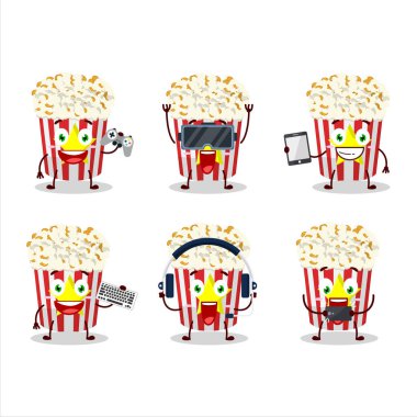 Patlamış mısır çizgi film karakteri çeşitli şirin ifadelerle oyunlar oynuyor. Vektör illüstrasyonu