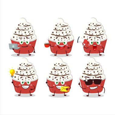 Dondurmalı vanilya kupası çizgi film karakteri ve çeşitli iş simgeleri. Vektör illüstrasyonu