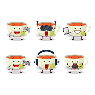 Bir fincan çay çizgi film karakteri çeşitli şirin ifadelerle oyunlar oynuyor. Vektör illüstrasyonu