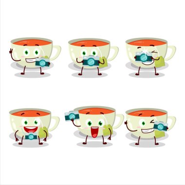 Bir fincan çay karikatürü karakteri ile fotoğrafçılık mesleği simgesi. Vektör illüstrasyonu