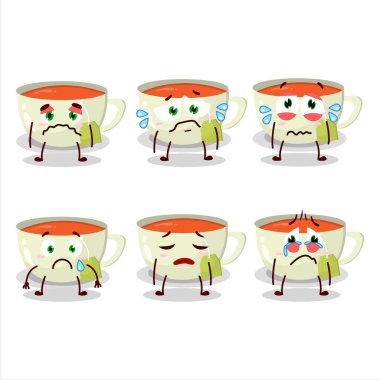 Üzgün suratlı bir fincan çay çizgi film karakteri. Vektör illüstrasyonu