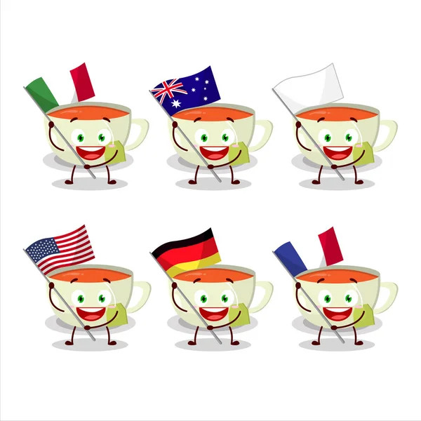 Tazza Personaggio Dei Cartoni Animati Portare Bandiere Vari Paesi Illustrazione — Vettoriale Stock