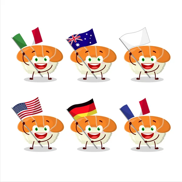 Nigiri Sushi Cartoon Character Bring Flags Various Countries Vector Illustration — Stock Vector