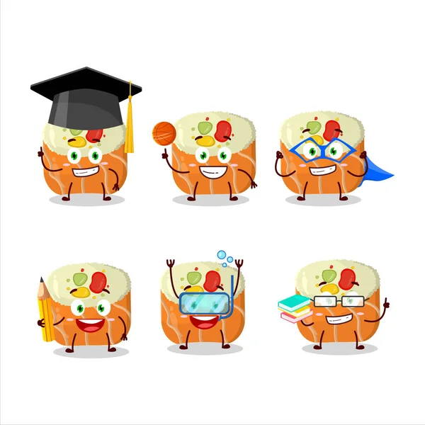 Estudiante Escuela Uramaki Personaje Dibujos Animados Sushi Con Varias Expresiones — Vector de stock