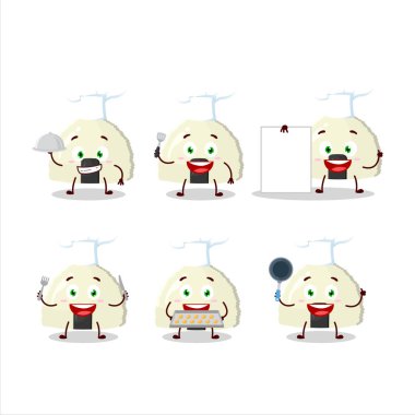 Onigiri 'nin çeşitli şef simgeleriyle çizgi film karakteri. Vektör illüstrasyonu