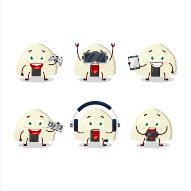 Onigiri çizgi film karakteri çeşitli şirin ifadelerle oyunlar oynuyor. Vektör illüstrasyonu