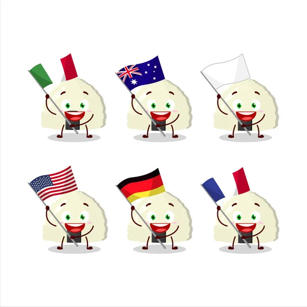 Personaje Dibujos Animados Onigiri Traer Las Banderas Varios Países Ilustración — Vector de stock