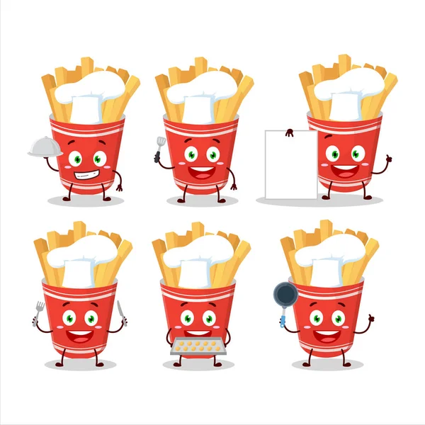 Caractère Bande Dessinée Tasse Frites Avec Divers Émoticônes Chef Illustration — Image vectorielle