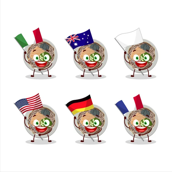 Tachigui Soba Cartoon Figur Bringen Die Flaggen Der Verschiedenen Länder — Stockvektor