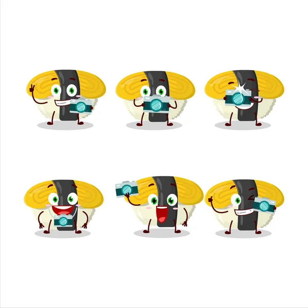 Fotógrafo Emoticon Profissão Com Personagem Desenho Animado Tamago Sushi Ilustração — Vetor de Stock