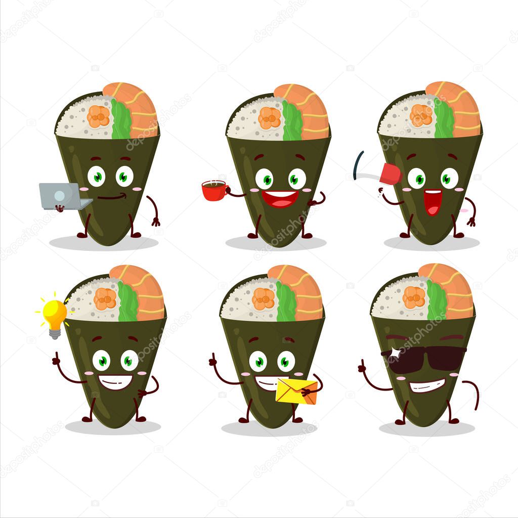 Temaki cartoon character with various types of business emoticons. Vector illustration