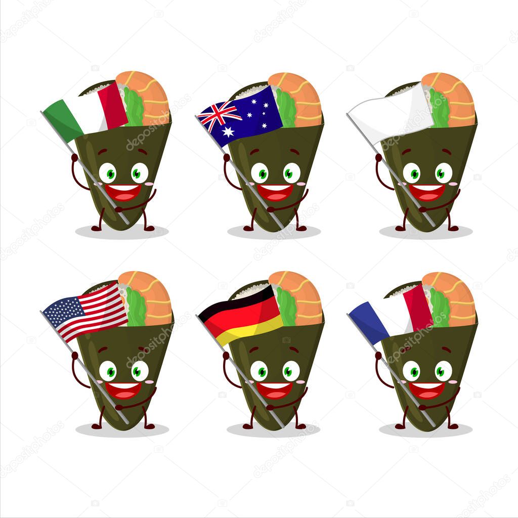 Temaki cartoon character bring the flags of various countries. Vector illustration