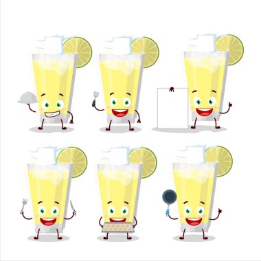 Çeşitli şef simgeleriyle limonatanın çizgi film karakteri. Vektör illüstrasyonu