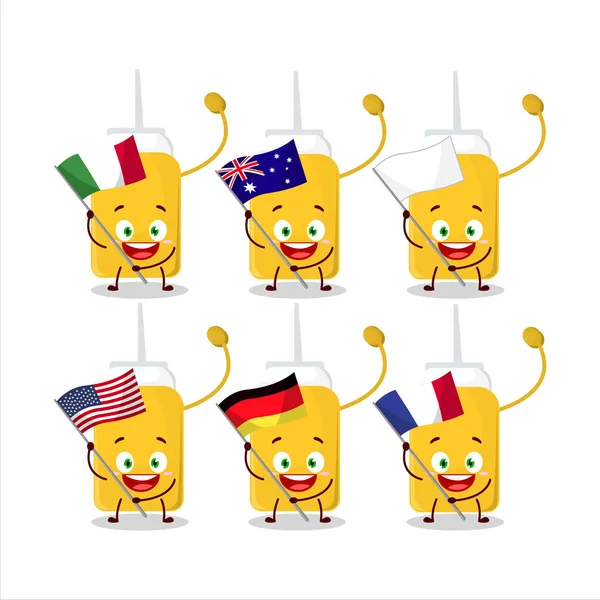 Sauce Cartoon Figur Bringen Die Flaggen Der Verschiedenen Länder Vektorillustration — Stockvektor