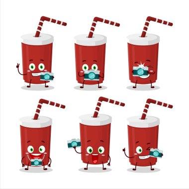 Kırmızı karton bardak çizgi film karakteri ile fotoğrafçılık mesleği simgesi. Vektör illüstrasyonu