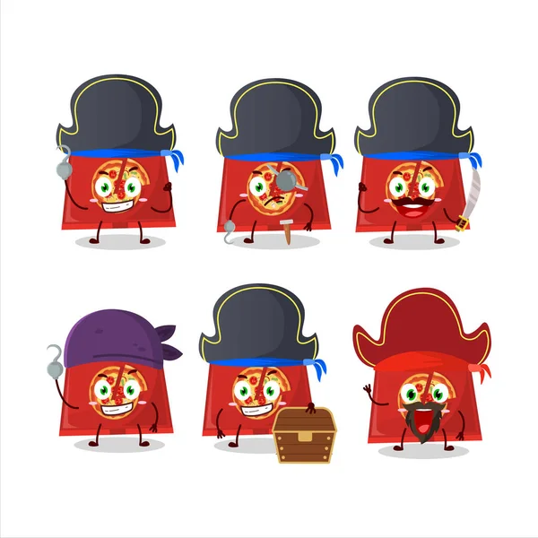 Kreskówkowy Charakter Pudełka Pizzy Różnymi Emotikonami Piratów Ilustracja Wektora — Wektor stockowy
