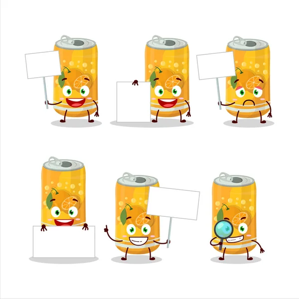 Naranja Soda Puede Personaje Dibujos Animados Traer Tablero Información Ilustración — Vector de stock