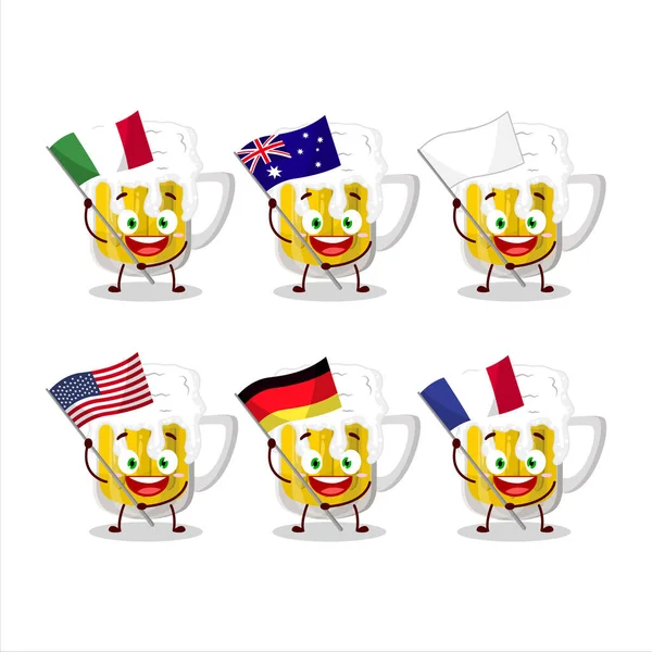 Bier-Cartoon-Figur bringt die Flaggen verschiedener Länder — Stockvektor