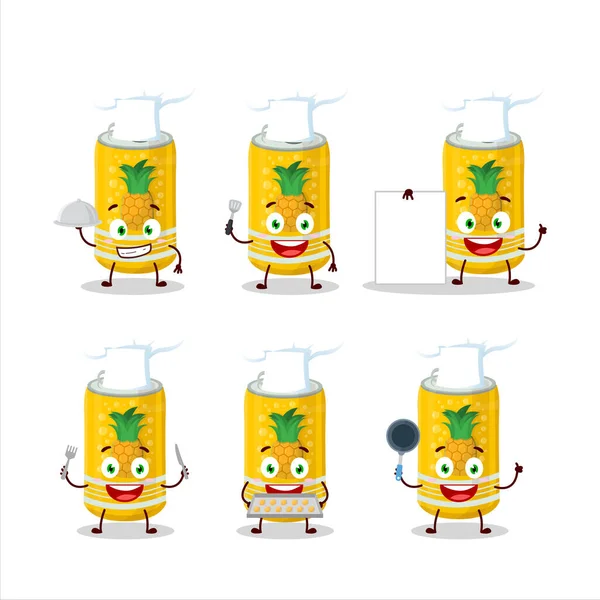 Cartone Animato Personaggio Ananas Soda Può Con Varie Emoticon Chef — Vettoriale Stock