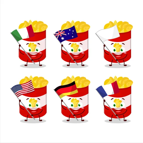 Coupe Pommes Terre Chips Personnage Dessin Animé Apporter Les Drapeaux — Image vectorielle