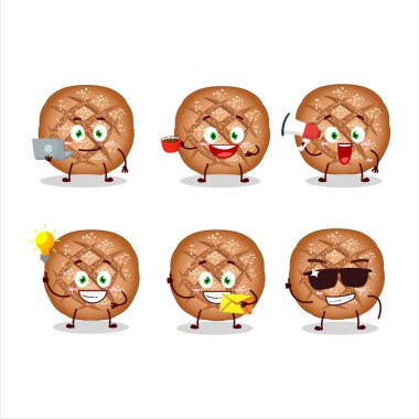 Round dark bread cartoon character with various types of business emoticons. Vector illustration