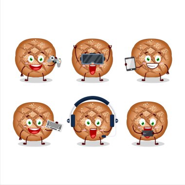 Round dark bread cartoon character are playing games with various cute emoticons. Vector illustration