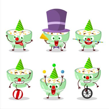 Çeşitli sirk şovları olan mısır gevreğinin çizgi film karakteri. Vektör illüstrasyonu