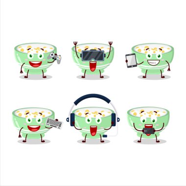 Mısır gevreği çizgi film karakteri çeşitli şirin ifadelerle oyunlar oynuyor. Vektör illüstrasyonu