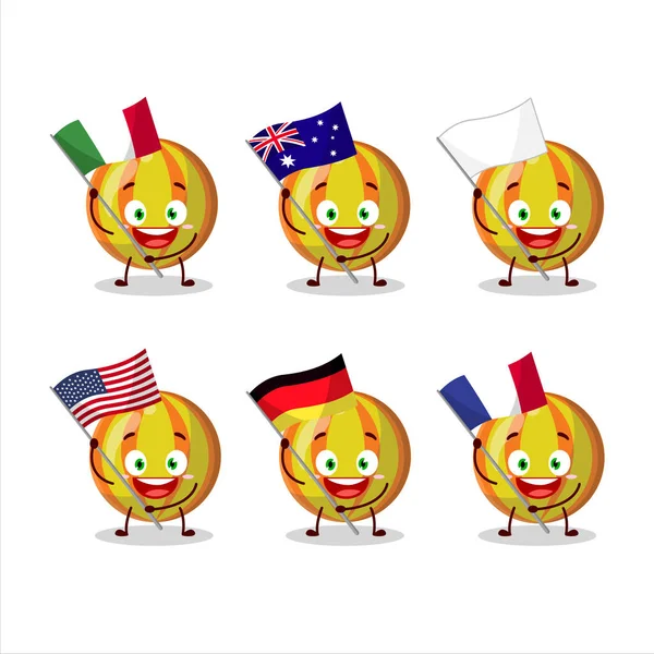 Amarillo Caramelo Personaje Dibujos Animados Traer Las Banderas Varios Países — Vector de stock