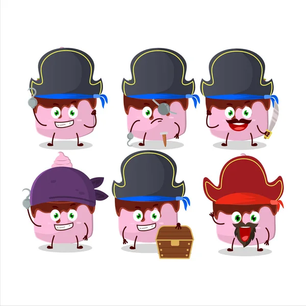 Kreskówkowy Charakter Słodkiej Truskawki Ciasto Różnych Emotikonów Piratów Ilustracja Wektora — Wektor stockowy