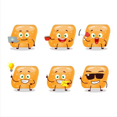 Jöle şekerlemeleri çeşitli iş simgeleriyle portakal renkli çizgi film karakterlerini besler. Vektör illüstrasyonu