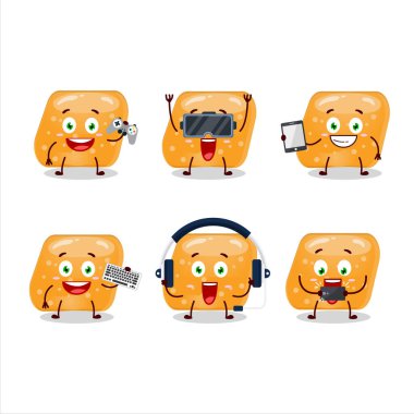Jöle şekerli, turuncu renkli çizgi film karakteri çeşitli şirin emoticonlarla oyunlar oynuyor. Vektör illüstrasyonu