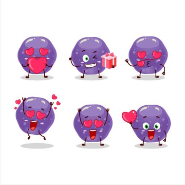 Jöle şekerlemeleri, tatlı aşk ifadeli mor çizgi film karakterleri. Vektör illüstrasyonu