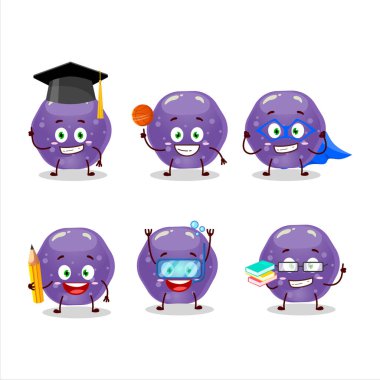 Jöle şekerleri okulu öğrencisi çeşitli ifadeleri olan mor renkli çizgi film karakteri. Vektör illüstrasyonu