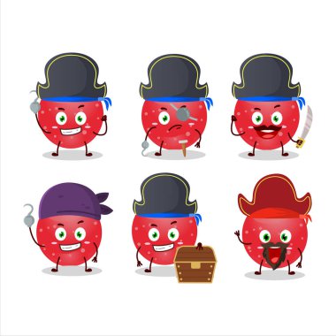 Çizgi film karakteri jöleli şekerlemeler çeşitli korsan simgeleriyle kırmızı şekerler. Vektör illüstrasyonu