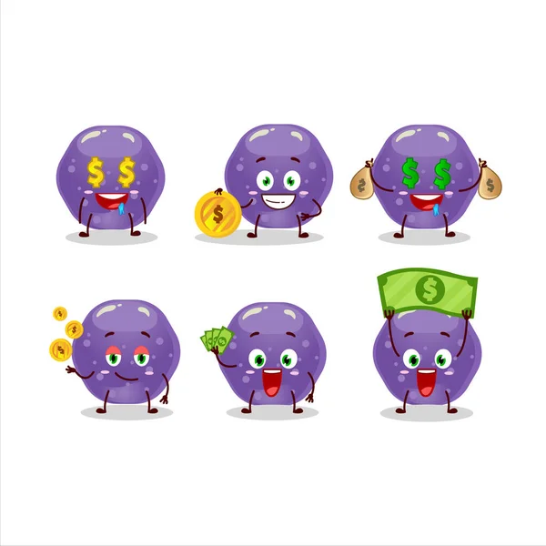 Jelly Permen Karakter Kartun Ungu Dengan Emoticon Lucu Membawa Uang - Stok Vektor