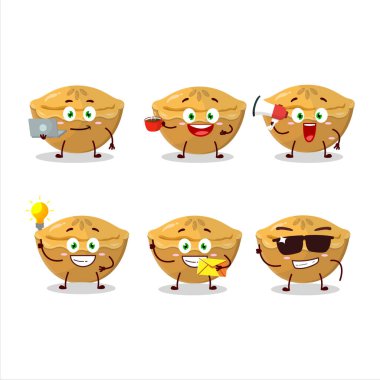 Çeşitli iş simgelerine sahip pasta pastası çizgi film karakteri. Vektör illüstrasyonu